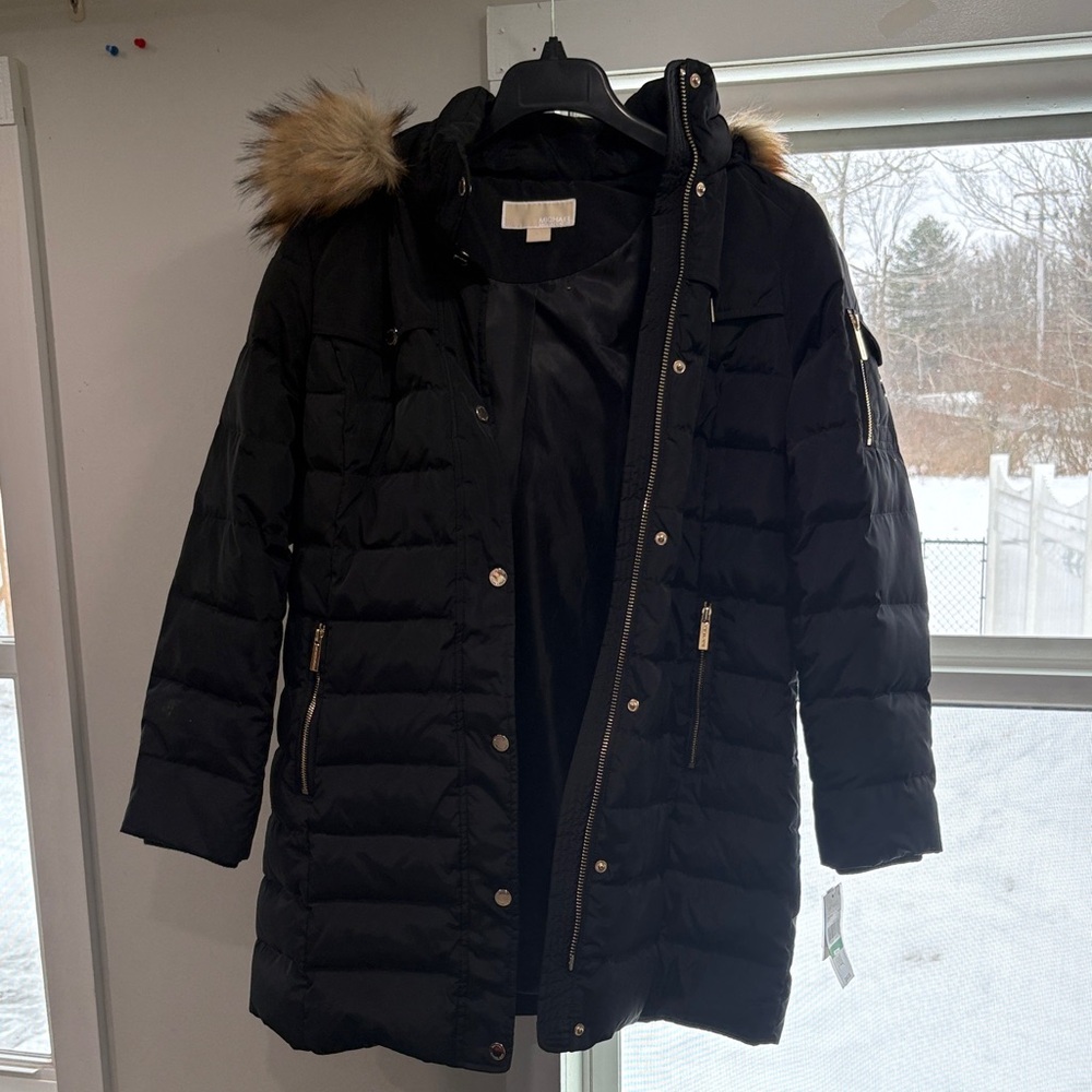 Michael Kors Black Puffer Jacket with Faux Fur Trim